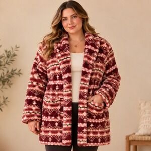Poppy & Whimsy Womens 2X Sherpa Hooded Cardigan Burgundy Southwestern NWT